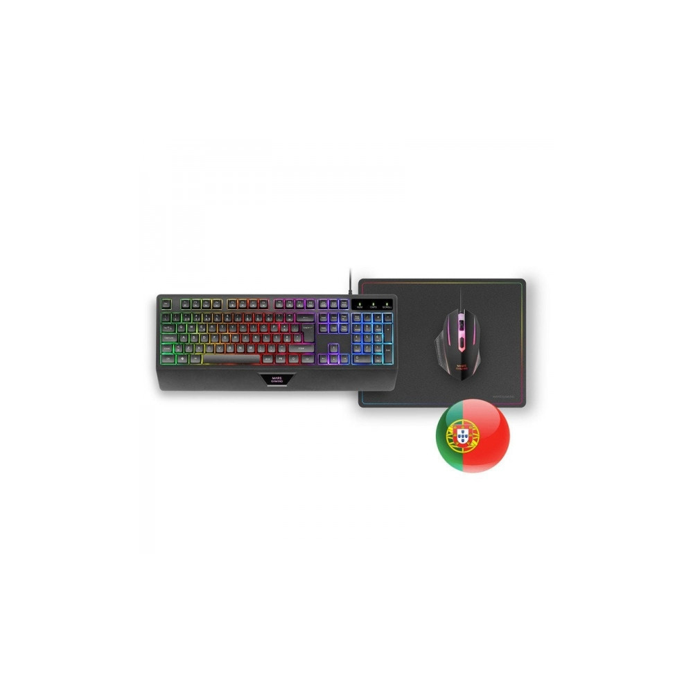 Combo Gamer 3 em 1 Mars Gaming - Teclado RGB H-Mech -  Rato de 3200 DPI - Mouse Pad Nanotextil Rainbow Preto