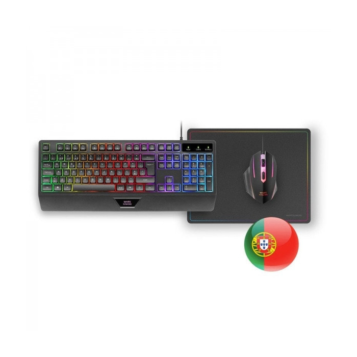 Combo Gamer 3 em 1 Mars Gaming - Teclado RGB H-Mech -  Rato de 3200 DPI - Mouse Pad Nanotextil Rainbow Preto
