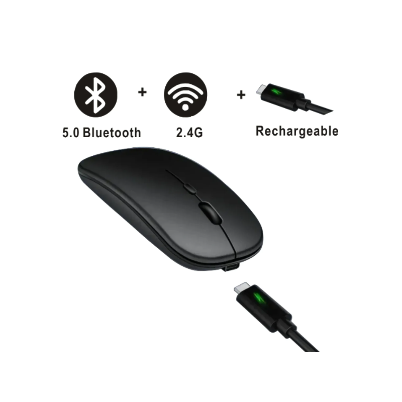 Rato Slim Recarregável silencioso Bluetooth + Wireless (Preto)