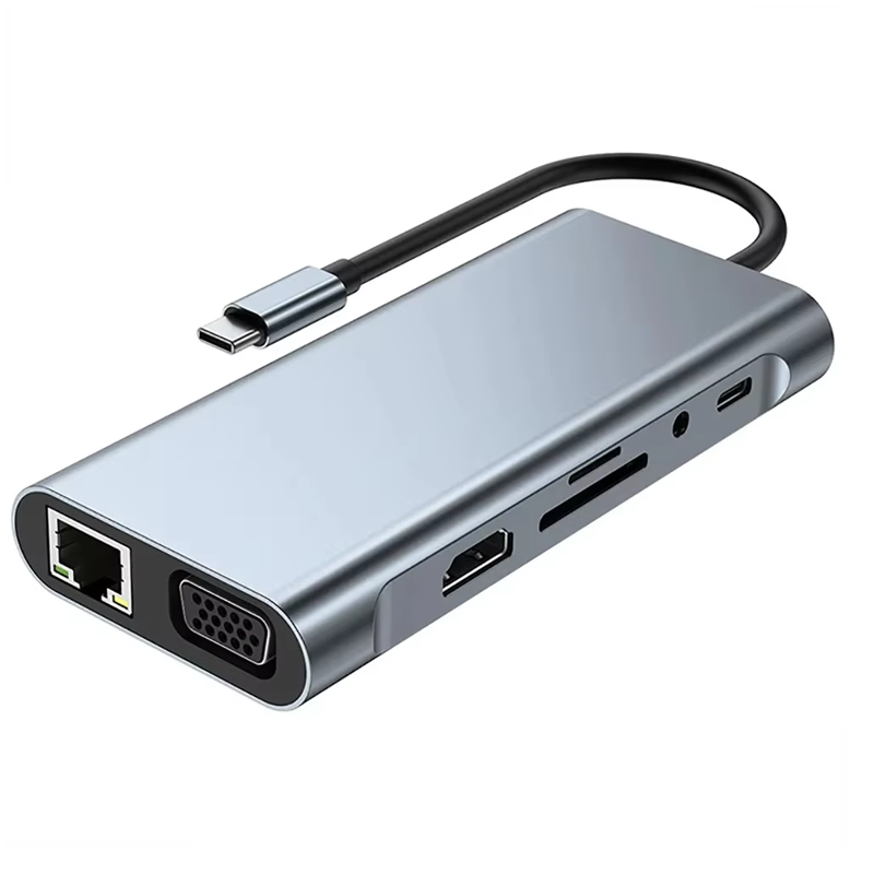 Hub Type-C para 3 USB-A + Ethernet + HDMI + VGA + Cartões + AUX