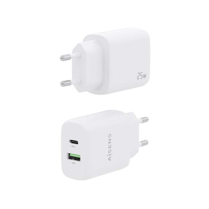 Carregador Aisens 20W - 1x USB-C PD3.0 - 1x USB-A QC3.0 Branco
