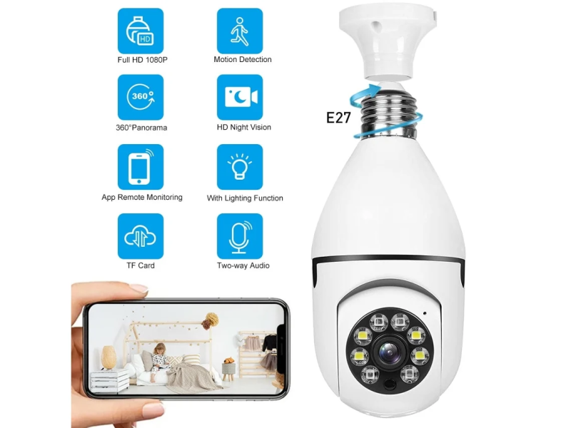 Câmara de Vigilância WiFi Rotativa 360 Ligação Lâmpada 1080HD