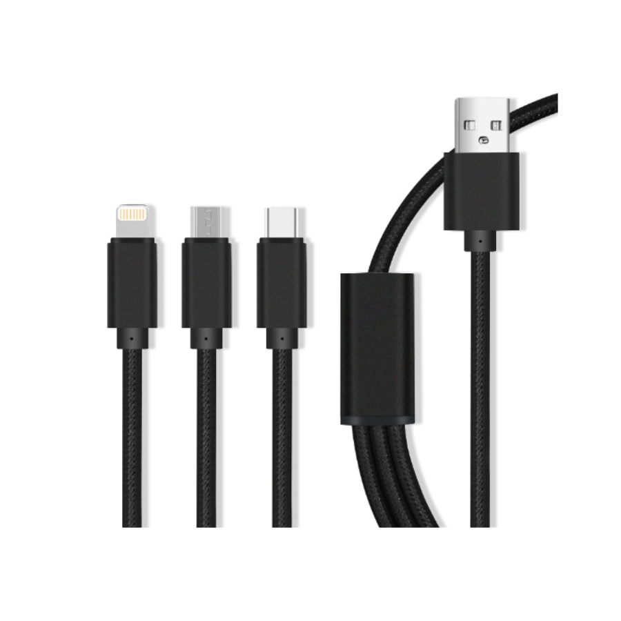 Cabo USB A "3 em 1" Lightning - Micro USB - USB-C (Carregamento Rápido)