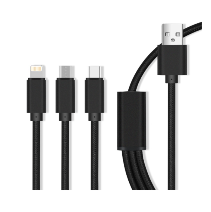 Cabo USB A "3 em 1" Lightning - Micro USB - USB-C (Carregamento Rápido)