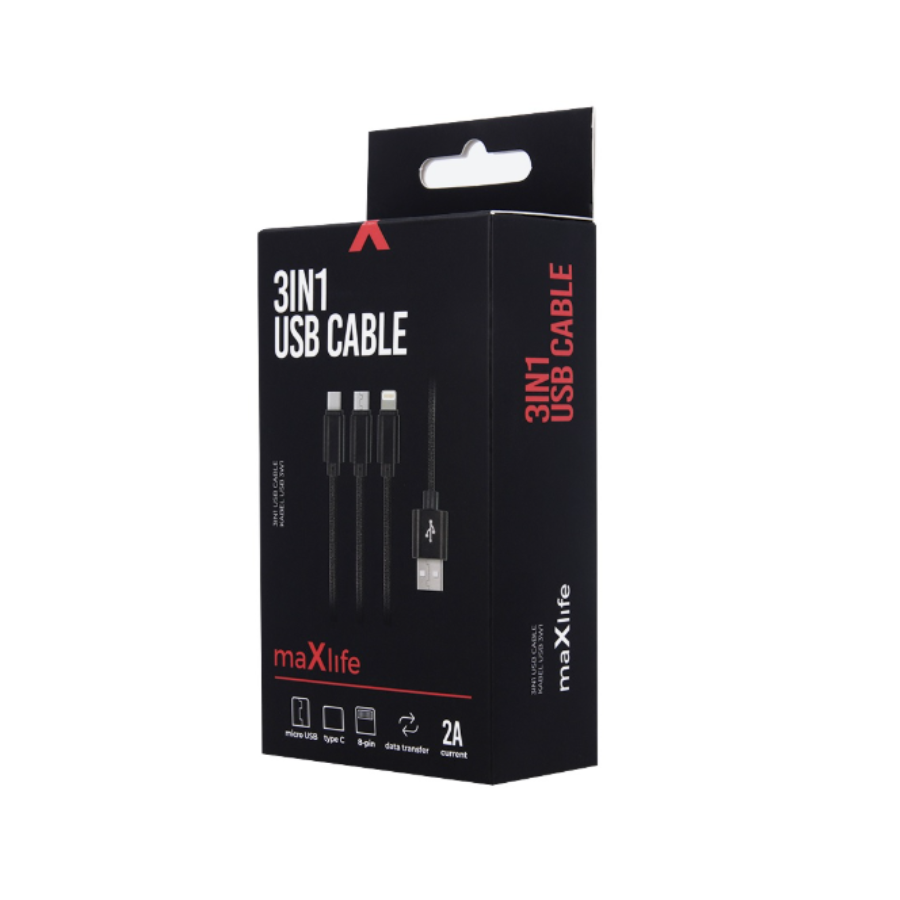 Cabo USB A "3 em 1" Lightning - Micro USB - USB-C (Carregamento Rápido)