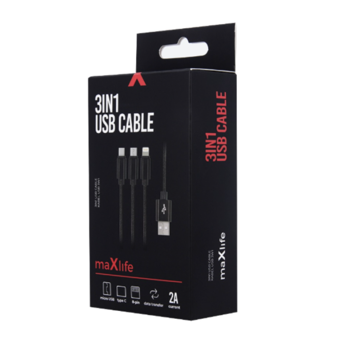 Cabo USB A "3 em 1" Lightning - Micro USB - USB-C (Carregamento Rápido)