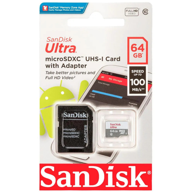Cartão de Memória Sandisk Ultra Micro SDXC 64GB Classe 10 + Adaptador SD