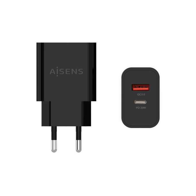 Carregador Aisens 20W USB-C PD3.0 + USB-A QC3.0 Preto