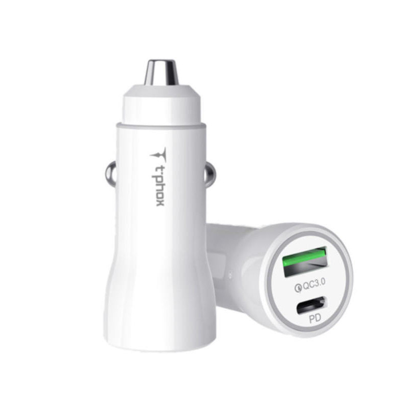 Adaptador/Carregador de Carro T-Phox Carregamento Rápido 3A 20W BrancoType-C + USB-A
